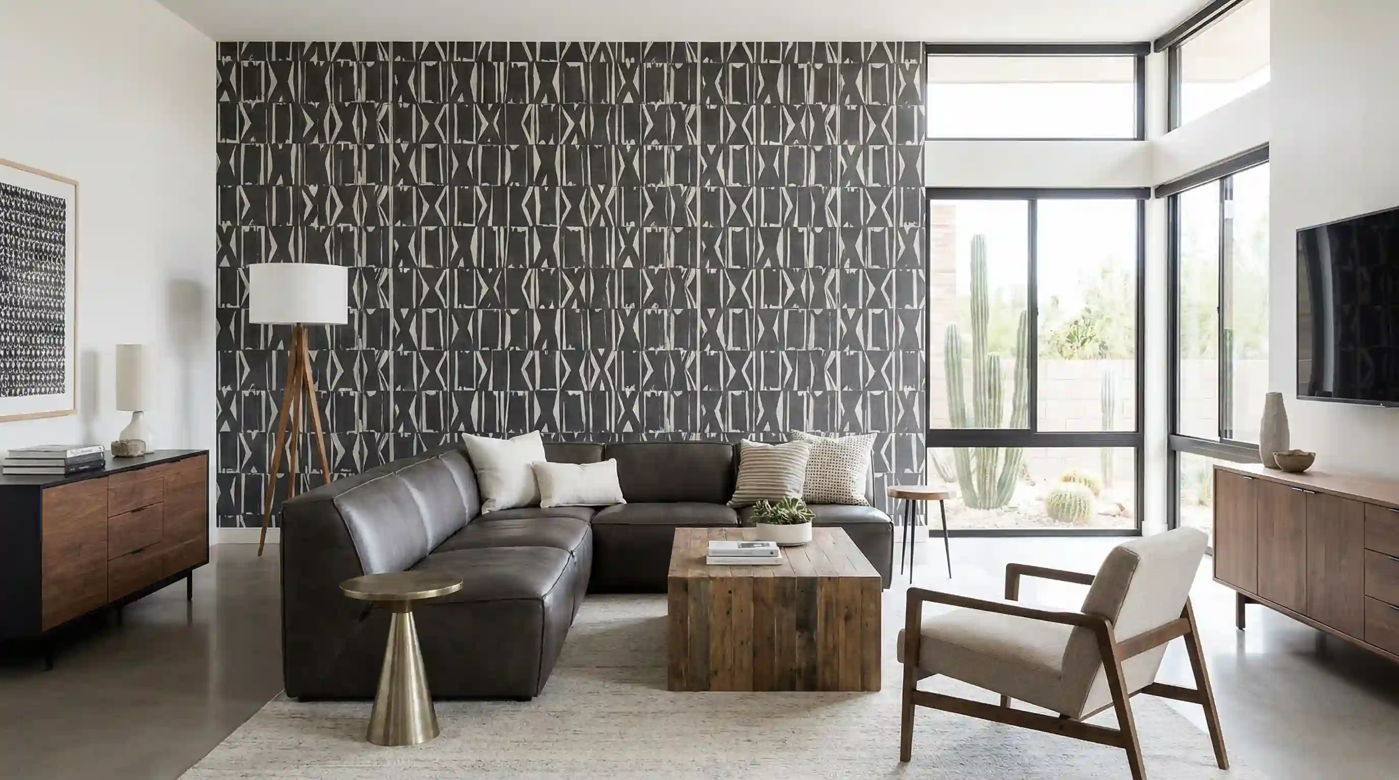 Black and white geometric wallpaper on a living room feature wall